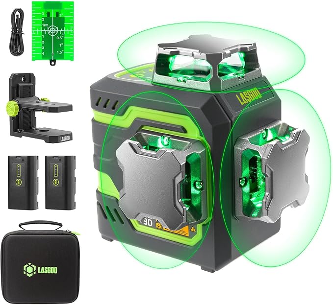 LG-3D Laser Level Self Leveling 3x360°, 3D Green Beam Cross Line Laser for Construction and Picture Hanging, 2 Rechargeable Batteries (20 Hrs), Magnetic Liftable Stand Included, Green