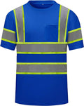High Visibility Shirts Quick Dry Safety T Shirts with Reflective Strips and Pocket Short Sleeve Mesh Hi Vis Construction Work Class 2 Shirt for Men/Women Blue,Large