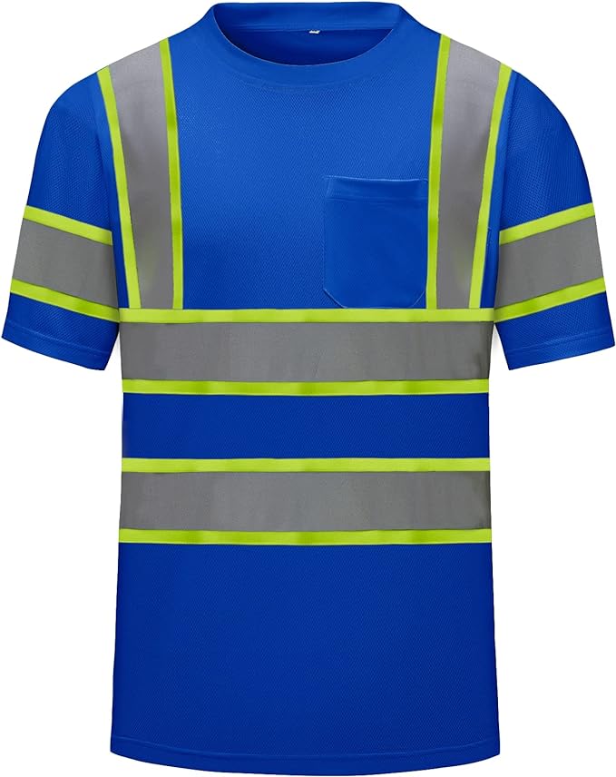 High Visibility Shirts Quick Dry Safety T Shirts with Reflective Strips and Pocket Short Sleeve Mesh Hi Vis Construction Work Class 2 Shirt for Men/Women Blue,Large