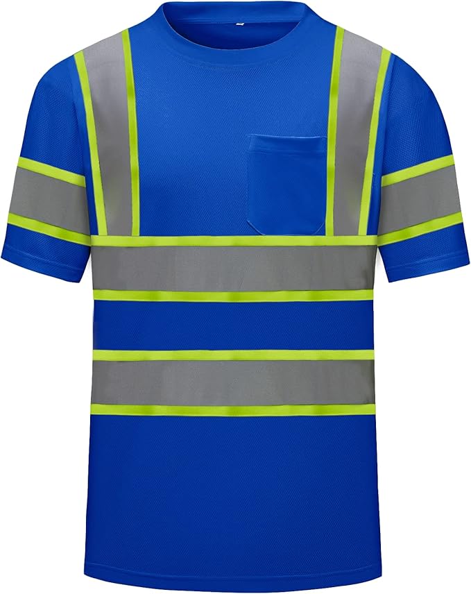 High Visibility Shirts Quick Dry Safety T Shirts with Reflective Strips and Pocket Short Sleeve Mesh Hi Vis Construction Work Class 2 Shirt for Men/Women Blue,XL
