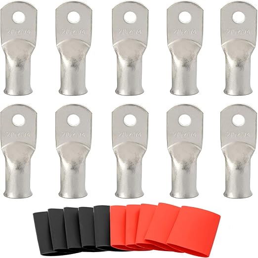 00 Gauge Tinned Copper Lugs 10 PCS 2/0 AWG - 1/4'' Cable Lugs Wire Lugs UL Listed 00 AWG Wire Lugs Battery Cable Ends 10 PCS Heavy Duty Closed End Crimp Copper Lugs with 10 PCS 3:1 Heat Shrink Tubing