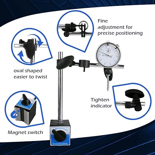 Dial Indicator with Magnetic Base Holder Differential Backlash Gauge 0-1", Fine Adjustable Long Arm Tester Gage Gauge 0.001" Precision, Indicator Points 22pcs