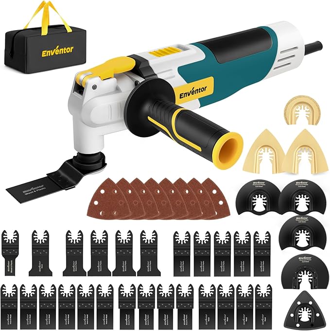 Enventor Oscillating Multi Tools, 2.5A Electric Oscillating Saw with 43PCS Accessories, 15000-22000 OPM, 6 Variable Speeds, 3°Oscillation Angle, Auxiliary Handle for Cutting, Scraping, Sanding, Blue