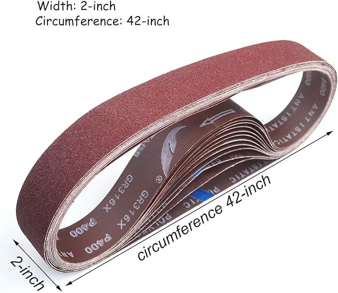 2 x 42 Inch Aluminum Oxide Sanding Belts, 2 Each of 40/80/120/150/240/400 Assorted Grits Abrasive Belts for Belt Sander, 12-Pack