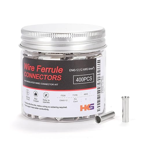 HKS 400PCS Non-Insulated Wire Ferrules- AWG12-4.0mm² Copper Barrel Pin Cord Terminals for Wiring Electrical Crimp EN4012-400