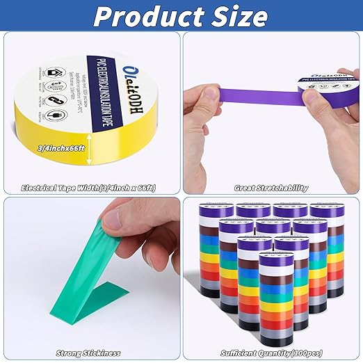 100 Rolls Colored Electrical Tape Bulk 3/4 Inch x 66ft, Waterproof Vinyl Electric Tape High Temp Insulation Tape for Electrical Protection Home Outdoor Electric Insulating Wire Wrapping