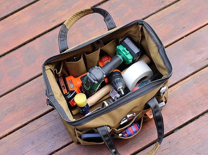 Coreflex 14 inch Wide-Mouth Tool Bag, Gear Bag, Multiple Purpose - for Plumbers, Electricians, Handymen also good for daily use, office use and camping. (Tan)