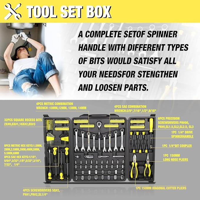 DNA MOTORING 220pcs Mechanic Tool Socket Wrench Set, SAE and Metric Socket Wrench Set, Tool Box Case for Home, Auto and Bike Repair, Yellow, TOOLS-00022