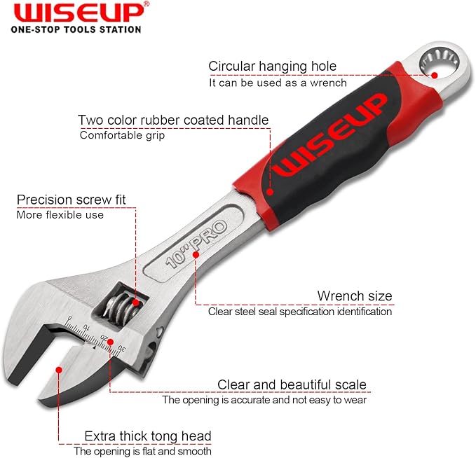 WISEUP Professional Adjustable Wrench 12 Inch Cr-V Forged Industrial Grade Hand Tools Wrench Set With Anti-Slip Grip Large Adjustable Wrenches