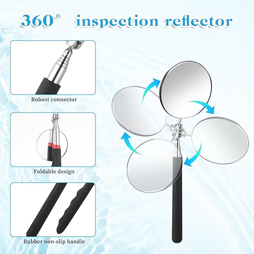 5 Pieces Retractable Mechanical Mirror Tool Telescoping Inspection Mirror Set 360 Rotation Mirrors Inspection Tool Stainless Steel Mirrors for Check Observe Vehicle, Car, Eyelashes, Small Parts