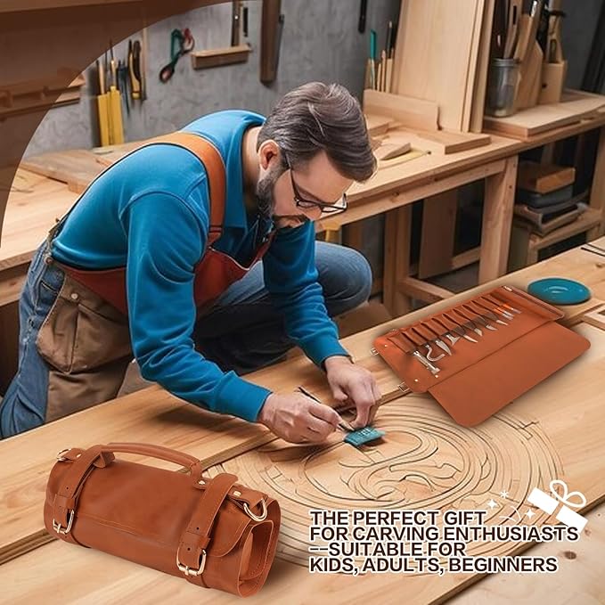 Wood Carving Kit, Deluxe Wood Carving Tools with Large Leather Case, 8Pcs Whittling Knives, 3 Detail Carving Knives, Whittling Kit for Beginners DIY