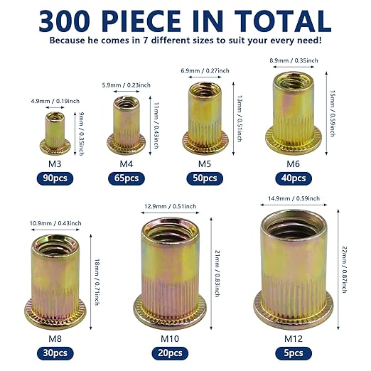 300pcs Metric Rivet Nut Assortment Kit，M3 M4 M5 M6 M8 M10 M12 Flat Head Rivnut Set, Metric Carbon Steel UNC Nutserts Rivnut, Zinc Plated, Flat Head Insert Nut Assort