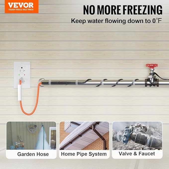 VEVOR Self-Regulating Pipe Heating Cable, 12FT 5W/FT Heat Tape for Pipes Freeze Protection, Water Pipe Heat Cable with Built-in Thermostat Protects PVC Hose, Metal and Plastic Pipe from Freezing