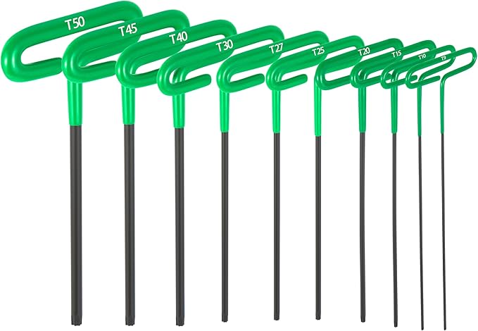 10-Piece Green Torx Star T-Handle Allen Hex Key Wrench Set（T9-T50-7.4 inches long， CR-V Material, Printed Specifications, Versatile Tool for DIY