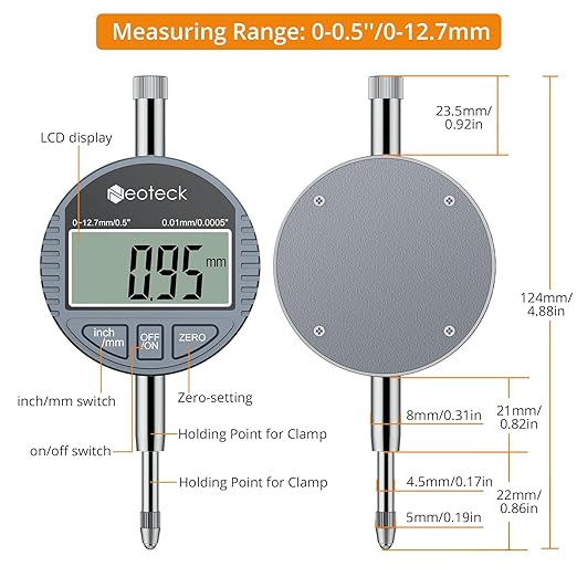 Neoteck DTI Digital Dial Indicator 0.01mm/0.0005 inch Digital Probe Indicator Dial Test Gauge Range 0-12.7mm/0.5 inch Dial Test Indicators Electronic Indicator Gauge