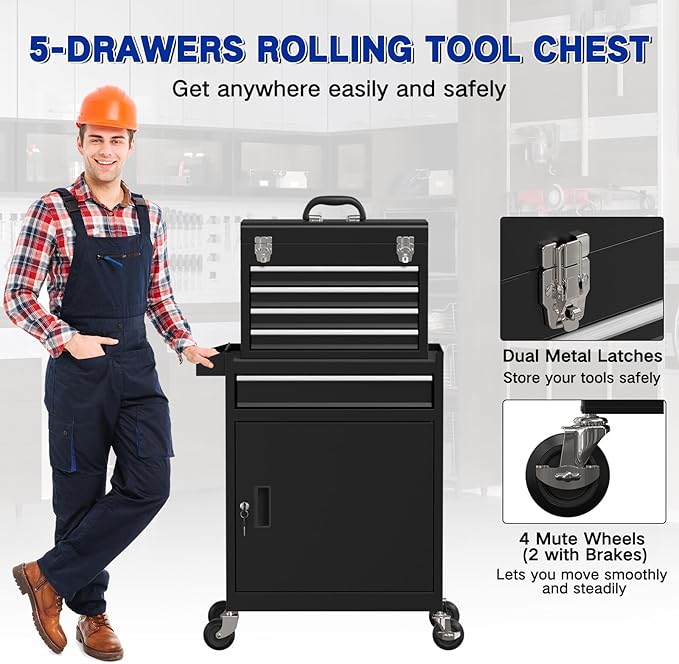 5 Drawer Tools Chest, Tool Cabinet with Universal Lockable Wheels，Tool Box with Detachable Top Box for Workshop(Black)