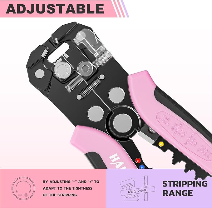 haisstronica Self-Adjusting Wire Stripper, Pink 3 In 1 Stripper/Cutter/Crimping Heavy Duty Automatic Electrical Wire Strippers for 10-24 AWG Stranded, Solid,Landscape Etc