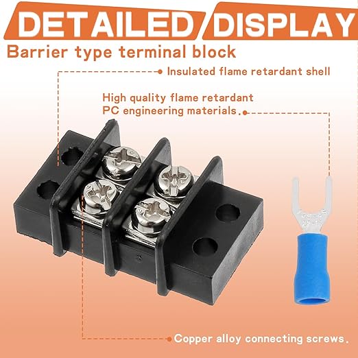 8 Circuits 8 Positions Terminal Block 20-30A 200-450V Dual Row Screw Terminals Strip with 64 PCS Heat Shrink Wire Fork Connectors(Pack of 4pcs)