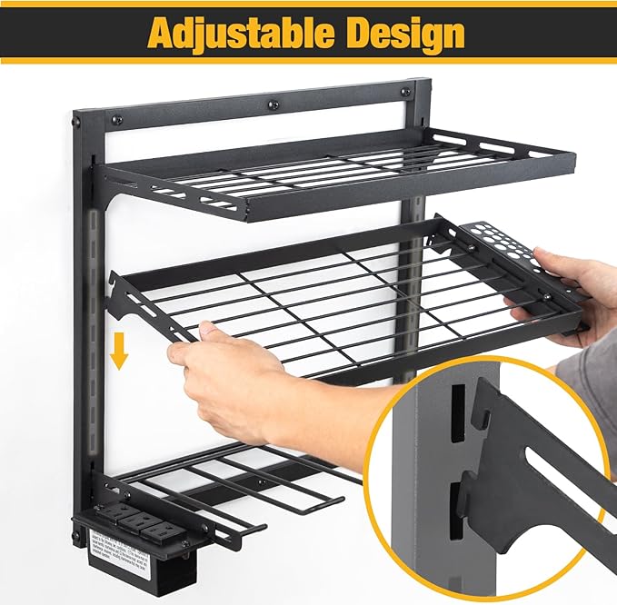 COFIT Power Tool Organizer with Adjustable Height 3-Tier Iron Tool Rack and Wall Mount Charging Station for Drill and Garage Workshop