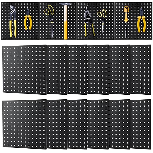 12 Pcs Metal Pegboard Panels 12" x 12" Heavy Duty Steel Peg Boards Wall Tool Organizer with Screw for Garage Tool Storage Office Organization Kitchen Craft Room