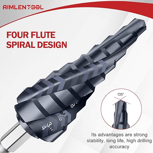 M35 Four Spiral Flute Cobalt Step Drill Bit, 1/4"-3/4" Wear-Resistant TiAlN Coated Four-Flute Step Bit, 1/4" Hex Shank Unibit Step Bit for Metal, Stainless Steel, Aluminum, Wood, Plastic