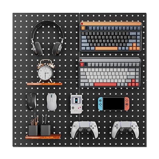 ValueMax 4 Pack Metal Pegboard Panels, 12”x 12” Heavy Duty Metal Pegboard Wall Organizer for Home, Garage, Workbench, Kitchen, Craft Room Tool Storage, Black Modular Peg Board Organizer Board