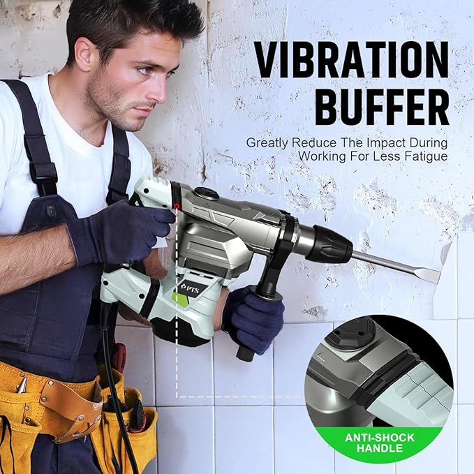 PTS 1-9/16 Inch SDS-Max Rotary Hammer, 13.5 Amp Heavy Duty 3 Functions Corded Concrete Demolition Hammer, w/Vibration Control & Safety Clutch, Includes Drill Bits, Chisels, Carrying Case (Green)