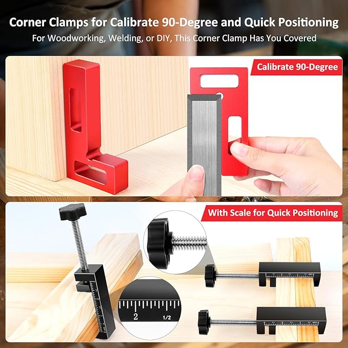 Corner Clamps for Woodworking - Durable & Versatile 90 Degree Right Angle Clamps, 2 Pack 2" x 4" Aluminum Positioning Squares with 4 C-Clamps for Cabinets, Frames, and Drawers