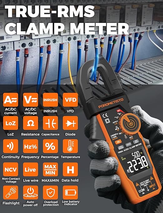 Digital Inrush Clamp Meter, CM06Pro Clamp Multimeter, T-RMS 6000 Counts 1000A Amp Voltage Tester with VFD, LOZ, Measures NCV, AC/DC Voltage Current, Continuity Capacitance Resistance