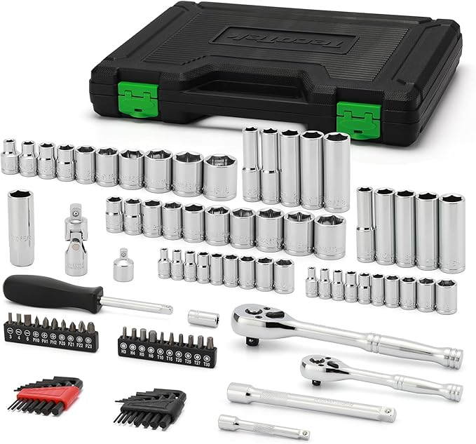 94pcs 1/4" & 3/8" Drive Socket Set, Socket Wrench Set with Ratchet Handle, Extention Bar, Adapter, Screwdriver Bit Set, Spark Plug Socket, CR-V, Metric/SAE, Deep/Shallow, Mirror Chrome Finish