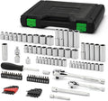 94pcs 1/4" & 3/8" Drive Socket Set, Socket Wrench Set with Ratchet Handle, Extention Bar, Adapter, Screwdriver Bit Set, Spark Plug Socket, CR-V, Metric/SAE, Deep/Shallow, Mirror Chrome Finish