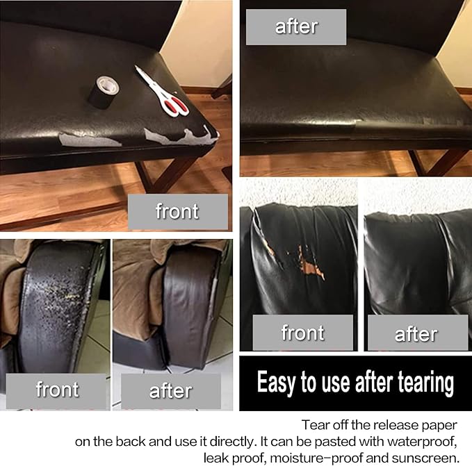 Leather Repair Patch Self-Adhesive, Cuttable Vinyl Leather Repair Tape for Couches, Sofa, Car Seat, Furniture, Chairs. Waterproof, Durable, Easy DIY Leather Repair Kit (Black, 3.9 X 78.7 inch)