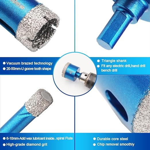 Diamond Hole Saw Kit - Porcelain Tile to Granite Drilling, 9pcs Diamond Drill Bits with Triangle Shank (6 8 10 20 25 32 35 43 50mm)
