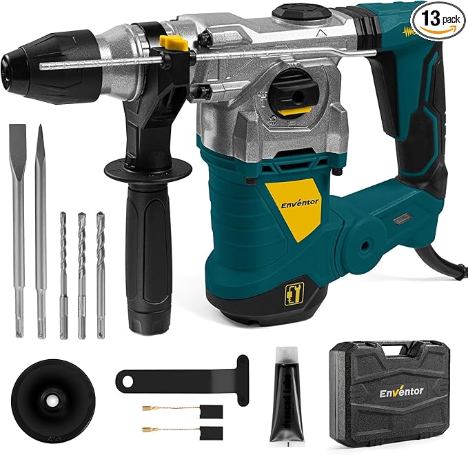 Enventor 1-1/4 Inch SDS-Plus 13A Heavy Duty Rotary Hammer Drill for Concrete Stone, Safety Clutch Electric Demolition Hammer Drill with 4 Functions, Vibration Control, Chisels, Drill Bits, Blue