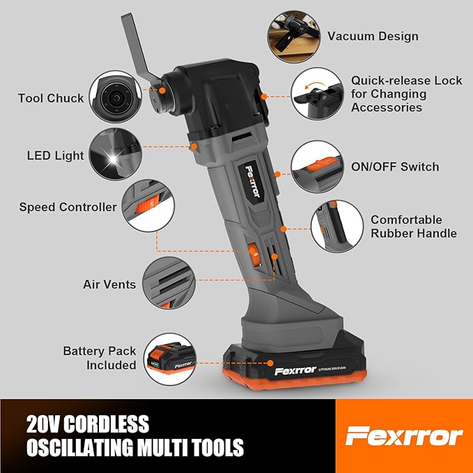 Cordless Oscillating Tool, 20V Oscillating Multi Tool with 2000mAh Battery, 8000-19000RPM, 6 Variable Speed, Dust Port, 3.2° Oscillating Angle, LED Light, Carrying Case for Cutting, Sanding