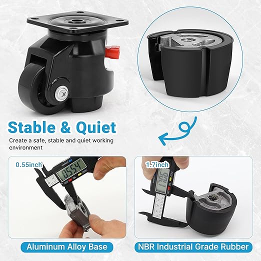 Nefish Leveling Casters Set of 4 Heavy Duty 80F, Retractable Caster Wheel for Workbench, Ratchet Arm Design 3300 LBS Capacity, 360 Degree Swivel Castor with Rubber Foot for Furniture, Equipment