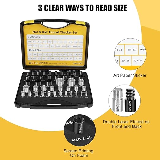 Nut and Bolt Thread Gauge - 44 PCS Nut and Bolt Checkers Individually Housed in Case (21 Metric & 23 Inch) Specially Suitable for Size Check on Tricky and Narrow Area