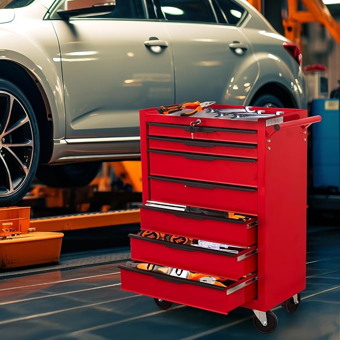 7-Drawer Rolling Tool Chest Cabinet, Large Capacity Metal Tool Box with Wheels and Keyed Locking, Roll Around Storage Organizer Tool Cart for Garage, Warehouse, Work Shop (Red)