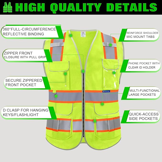 BeautyWill Custom Logo 10/20 Pack Safety Vest Class2 High Visibility Vest with Pockets Breathable Construction Vest Bulk