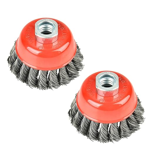 2 Pieces - 3 Inch Twisted Knotted Wheel Cup Brush with 5/8"-11 Threaded Arbor for Angle Grinder, Max RPM 12,500, Heavy-Duty Conditioning for Metal - 0.020in Carbon Steel for Rust Removal, Abrasives