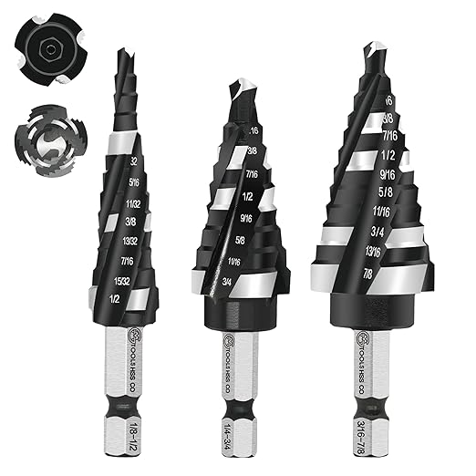 M35 Four Spiral Flute Cobalt Step Drill Bit Set 1/8"-7/8", Industrial Grade Wear-Resistant TiAlN Coated 1/4" Hex Shank Step Bit for Metal, Stainless Steel, Aluminum, Wood, Plastic (3pcs)