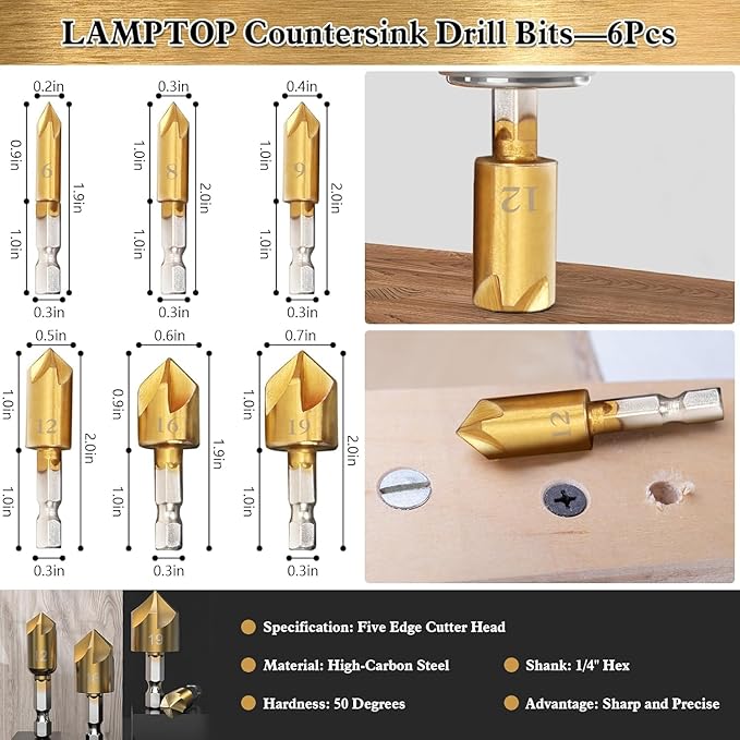 LAMPTOP 26-Pack Woodworking Tools and Accessories Including Countersink Drill Bits, 3-Pointed Countersink Drill Bit with L-Wrench, Wood Plug Cutter, Step Drill Bit, and Automatic Center Punch
