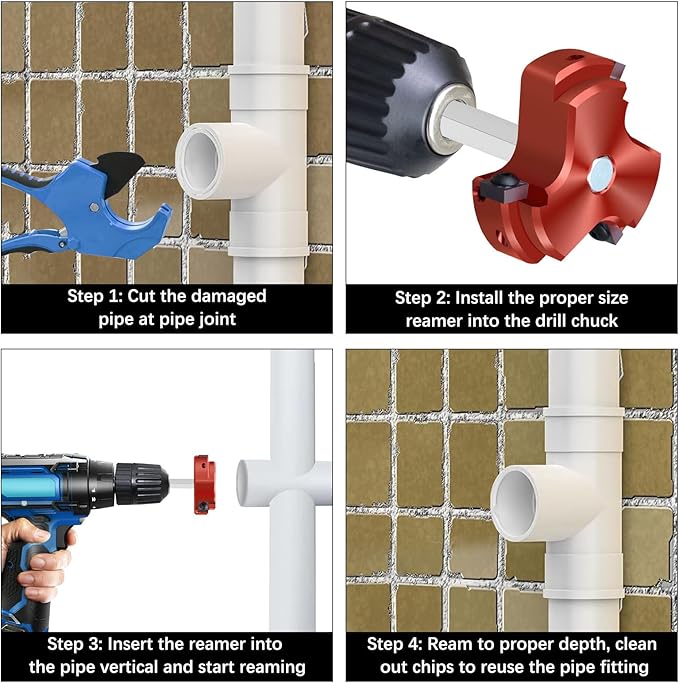 1 Inch PVC Pipe Reamer with Triple Blade, PVC Socket Saver Fitting Saver with 1/4-Inch Hex Shaft, Plastic Pipe Fitting Reamer Plumbing Tool for Sch.40 CPVC ABS Socket Hub,Fit Standard 1/2" Drills