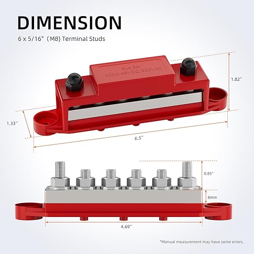 400A Bus Bar 12V Power Distribution Block 6 x 5/16" (M8) Terminal Studs 12 Volt Marine Bus Bar Positive & Negative for Boat Automotive Solar System