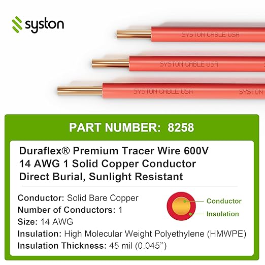 14 AWG Tracer Wire 600V 100% Solid Copper Conductor Direct Burial Underground, Red Tracer Wire for Locating Underground Pipes and Lines Electrical Wire Gas Water Sewer Pipe and Fiber Optic, 50 FT