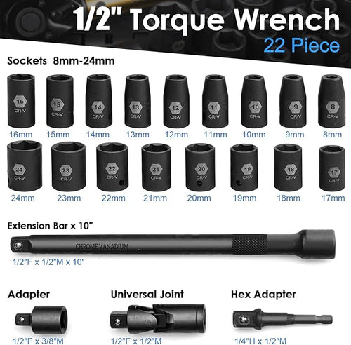 22PCS Torque Wrench Set 1/2" Drive, 10-180 ft.lb/13.6-244.1 Nm, Click Torque Wrench with Impact Sockets, 1 ft.lbs Micro, 72-Tooth Ratchet, Quick Release Head, Master Torque Tool for Car Repair