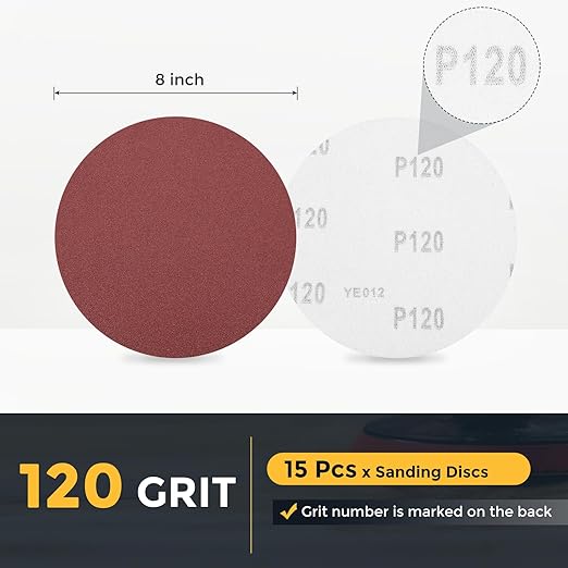 HARFINGTON 15 Pcs 8 Inch Sanding Disc 120 Grit Hook and Loop Sandpaper Random Orbital Sander Pads for Woodworking Automotive Metal Polishing