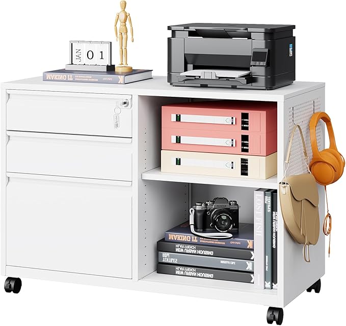 Mobile Filing Cabinet with Lock,Metal Lateral File cabinets Printer Stand with Storage Cabinet for Home Office,A4/F4/Letter (White-3 Drawer)