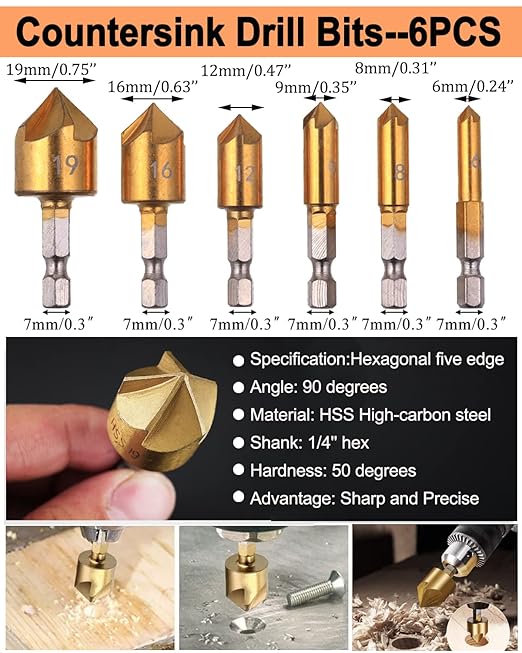 34 Pack Wood Working Chamfer Drilling Tools, 6 Countersink Drill Bit Set, 7 Counter Sinker Drill Bit Set, 8 Plug Cutters for Wood, 8 Drill Stop Bit Collar Set and 3 Step Drill Bits.