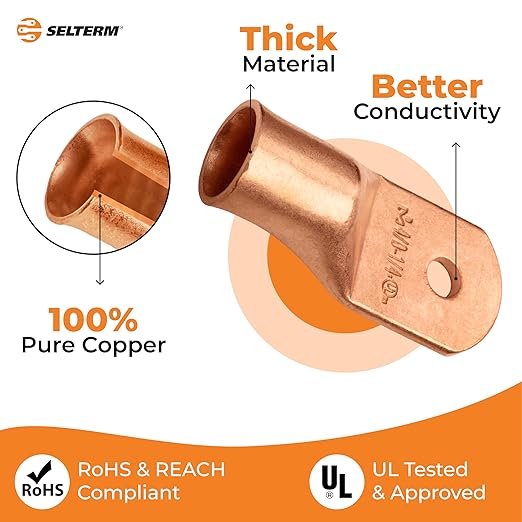 SELTERM 2pcs 4/0 AWG 1/4" Stud Copper Wire Lugs, Ring Terminals, Battery Cable Ends, 0000 Gauge Ring Terminal Connectors, UL Heavy Duty Bare Copper Eyelets Battery Terminal Connectors
